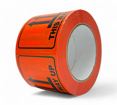 This Way Up Rip A Label 75 x 100mm black on fluro orange for carton orientation and proper stacking