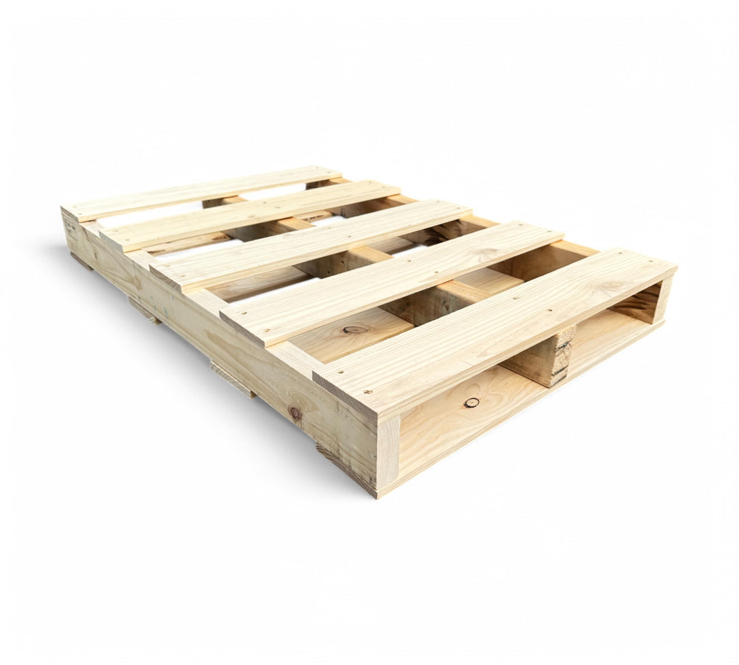 Fumigated timber pallet 695 x 1035 x 100mm displayed stacked with PET strapping for export compliance and load bearing