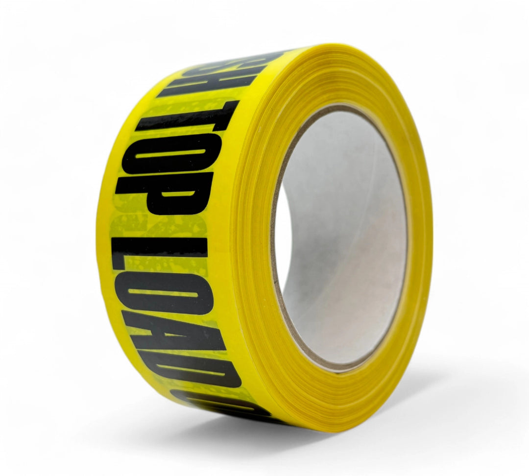 Top Load Only Do Not Crush Rip A Sticker 48mm x 300mm black on yellow displayed for clear load instructions in distribution
