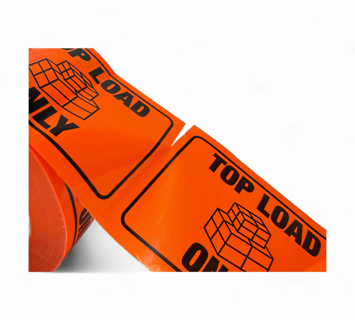 Close-up view of perforated Top Load Only rip a stickers in black print on fluro orange background with stacked box icon