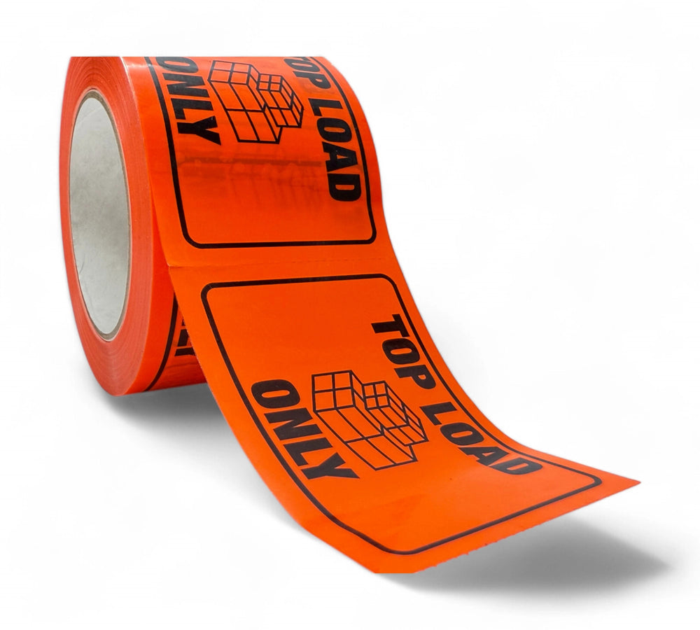 Roll of Top Load Only rip a sticker labels in black on fluro orange with bold text and carton icon, perforated for easy application