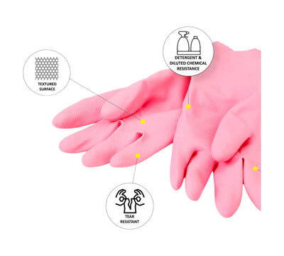 41211 Tuff pink premium rubber gloves size 10 shown in pairs for heavy duty chemical handling or cleaning