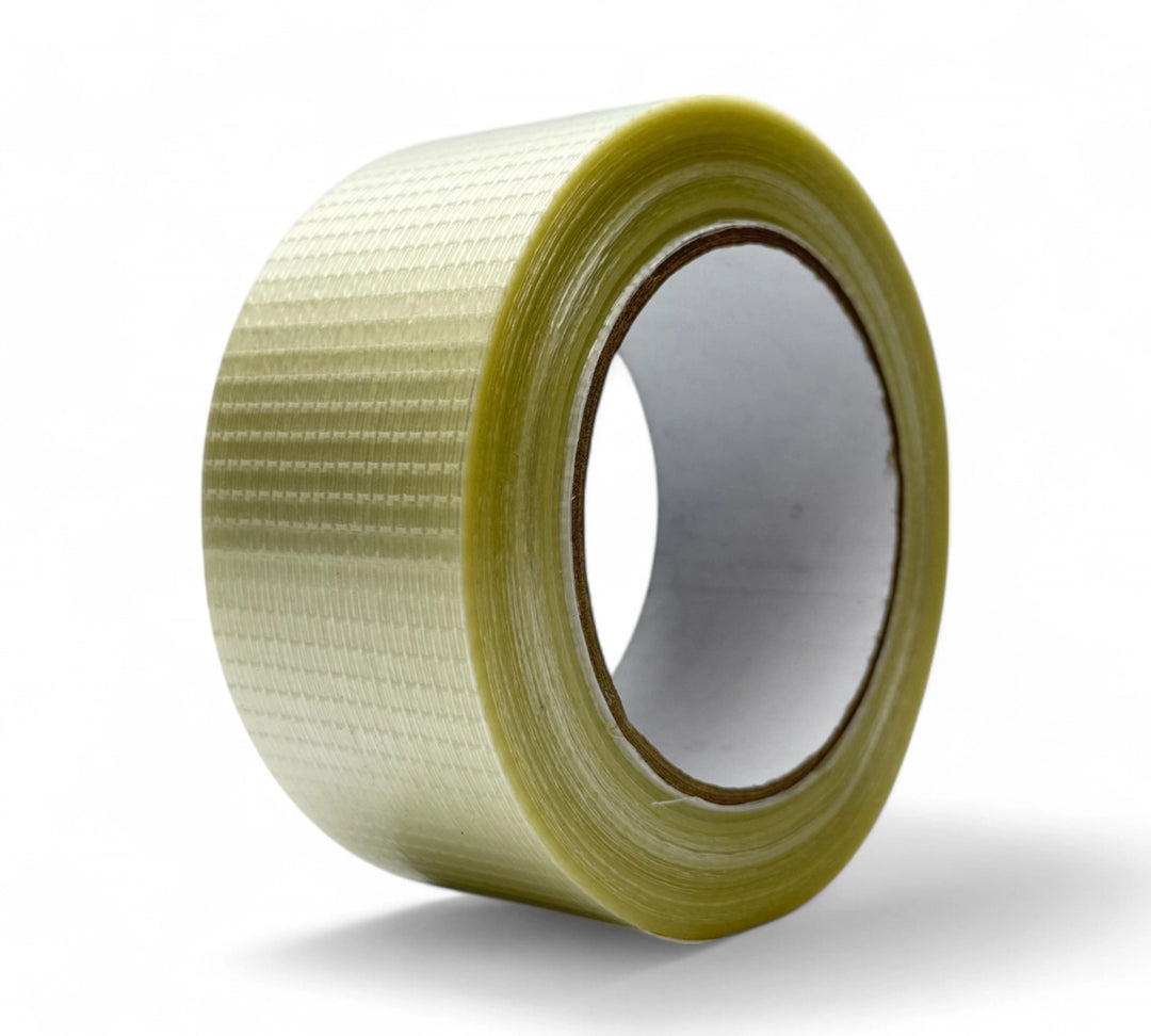 48mm x 45m CR10 two-way filament tape rolls shown with strong cross-woven fibres for strapping and bundling