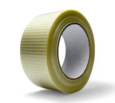48mm x 45m CR10 two-way filament tape rolls shown with strong cross-woven fibres for strapping and bundling