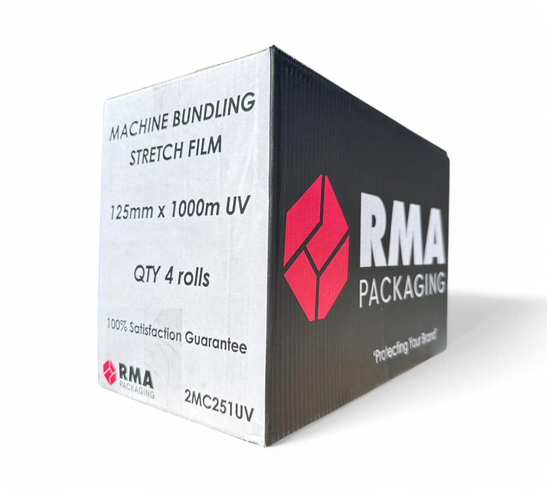 High performance UV machine bundling film 125mm x 25um x 1000m displayed in clear rolls for UV protection and secure bundling on automatic systems