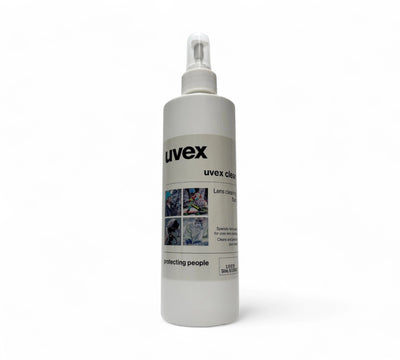 Uvex lens cleaner 500ml 1009 displayed in clear spray bottle for removing fog smudges or dust from safety glasses