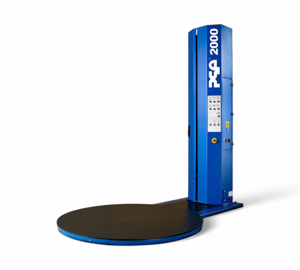 PSE 2000 vertical stretch wrapping machine with blue steel frame and black turntable for pallet wrapping
