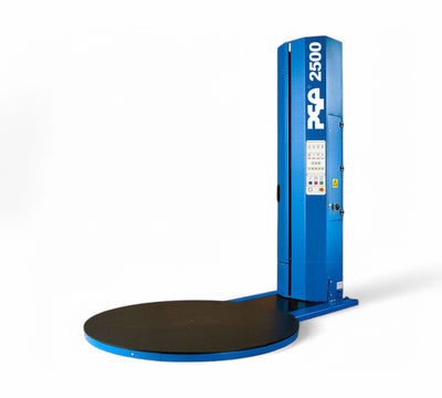PSE 2500 vertical stretch wrapping machine with blue steel frame and black turntable for pallet wrapping