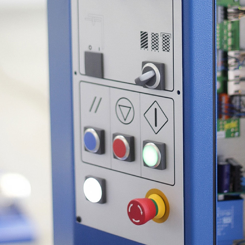 Close-up of PSE 2500 stretch wrapper control panel showing user-friendly interface with emergency stop and operation buttons
