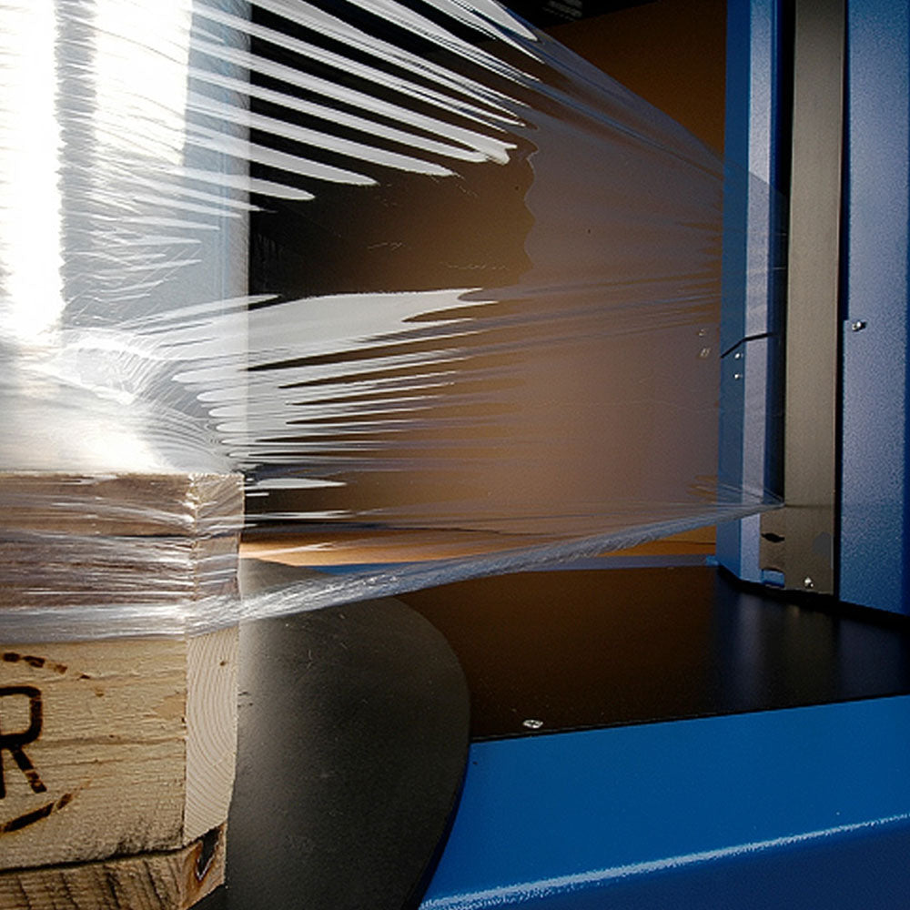 PSE 3500 stretch wrapper applying high-tension film with strong holding force around pallet base for maximum stability