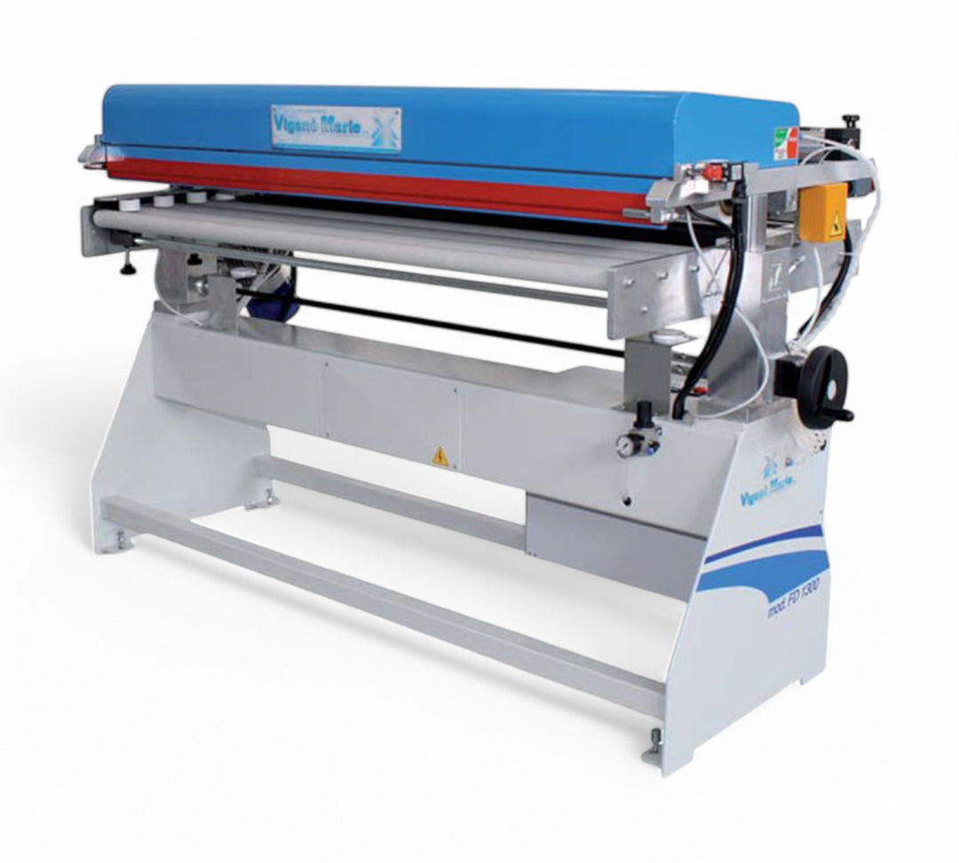 Vigano Mario FD 1300 industrial protective film applicator machine for applying self-adhesive removable film to large panels with automatic precision cutting for surface protection