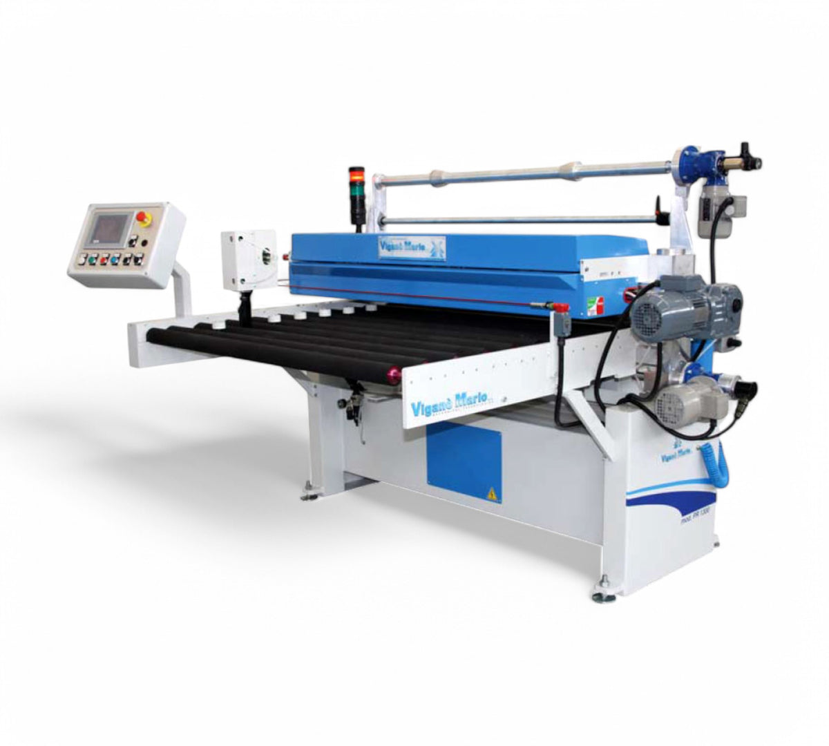 Vigano Mario PR 1300 high-speed protective film applicator for flat and shaped panels with adjustable overhang cutting from 5mm to 30mm