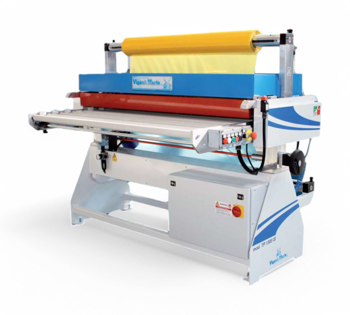 Vigano Mario TP 1300 IS double-sided protective film applicator for top and bottom surface lamination with precision film overhang cutting