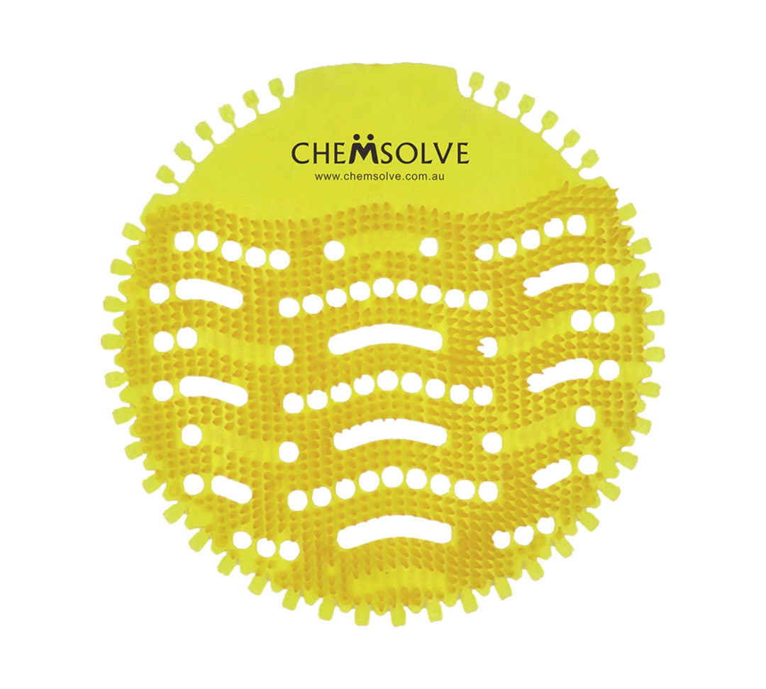 Wave premium urinal screen yellow citrus scent displayed flat for odour control and splash prevention in commercial toilets