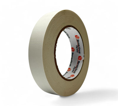 White 24mm x 25m K160 matte cloth tape shown in slim rolls for cable labelling, tagging, or general repairs