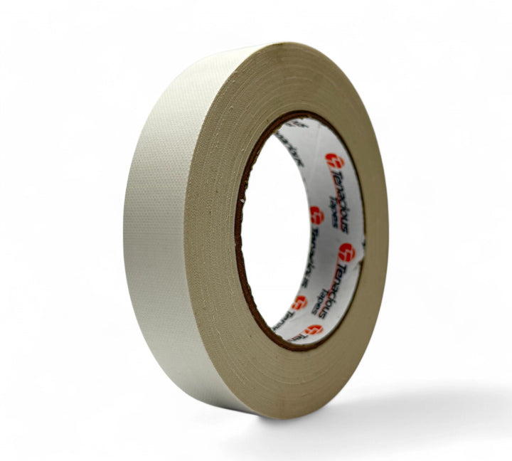 White 24mm x 25m K160 matte cloth tape shown in slim rolls for cable labelling, tagging, or general repairs