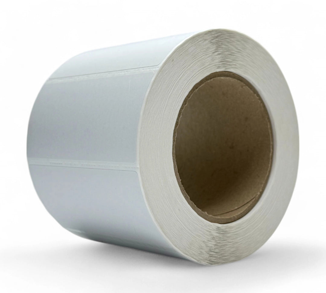 Clean white 101 x 47mm direct thermal labels tightly wound in rolls suited for small product labelling and barcodes