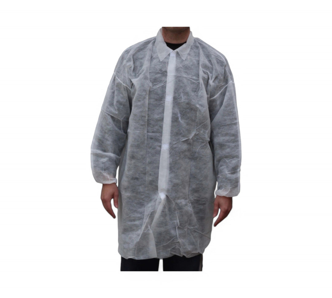 White PP lab coat without pocket XL shown folded for lightweight single-use wear in cleanrooms or processing areas