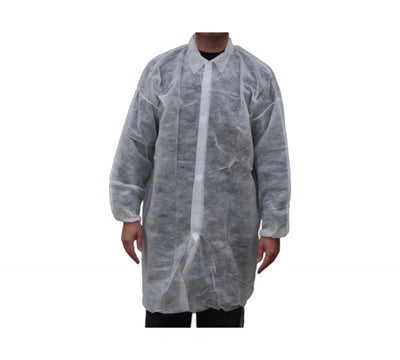 White PP lab coat without pocket XL shown folded for lightweight single-use wear in cleanrooms or processing areas