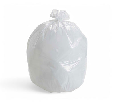 White garbage bags displayed in cartons for hygiene-sensitive environments and general use