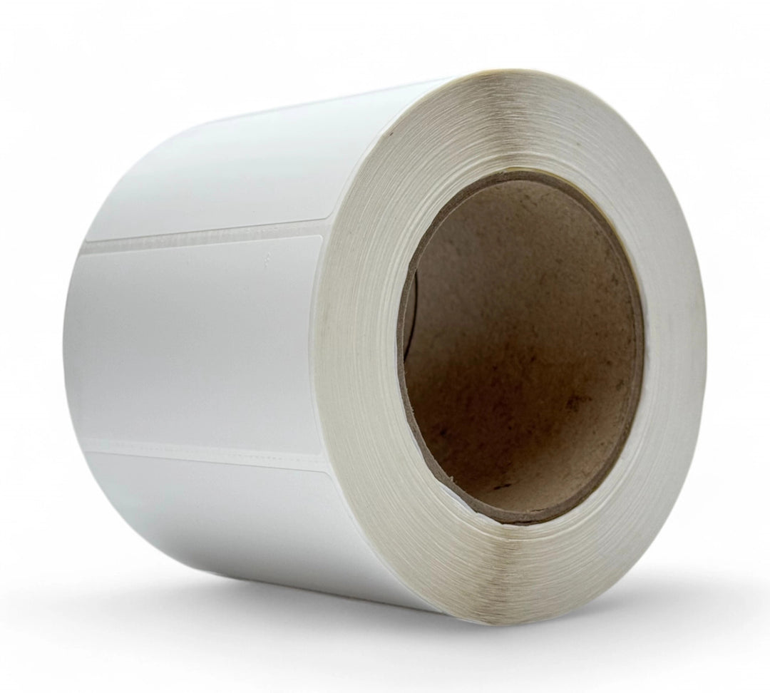 White synthetic 100 x 48mm removable thermal transfer labels with perforation designed for easy peel-off application