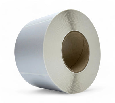 White 98 x 100mm tamper-proof freezer-grade label rolls designed for secure labelling in cold storage environments