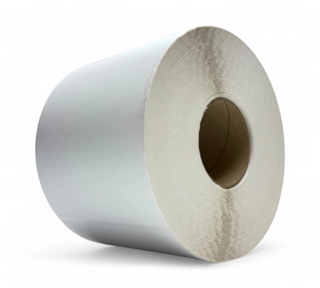 White 150 x 200mm matte thermal transfer labels in large rolls ideal for clean barcode printing and product tagging