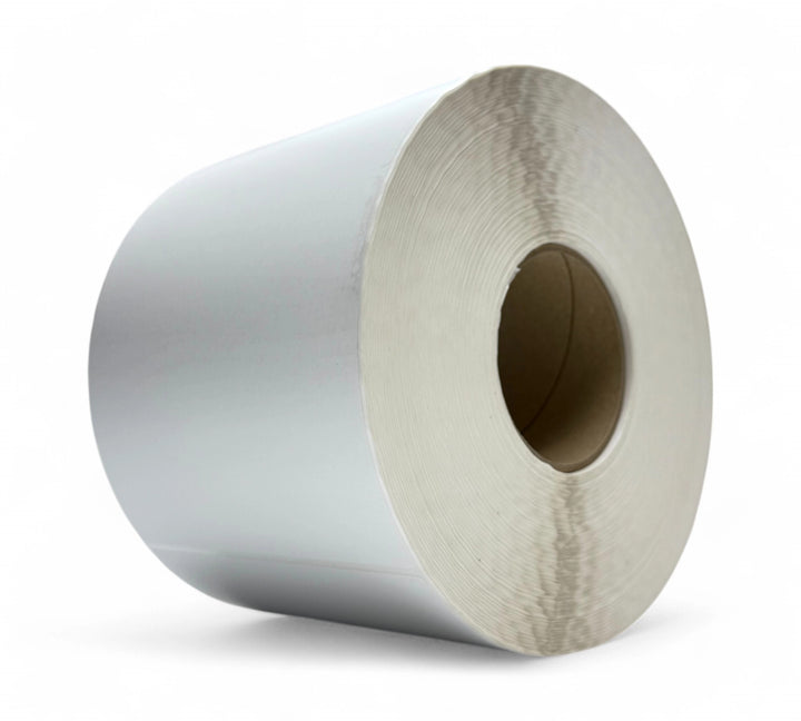 White 150 x 200mm matte thermal transfer labels in large rolls ideal for clean barcode printing and product tagging