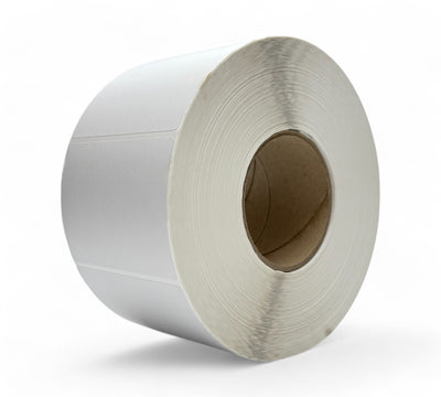 White 30 x 30mm thermal transfer labels with 76mm core displayed in bulk rolls for square barcode and product labelling