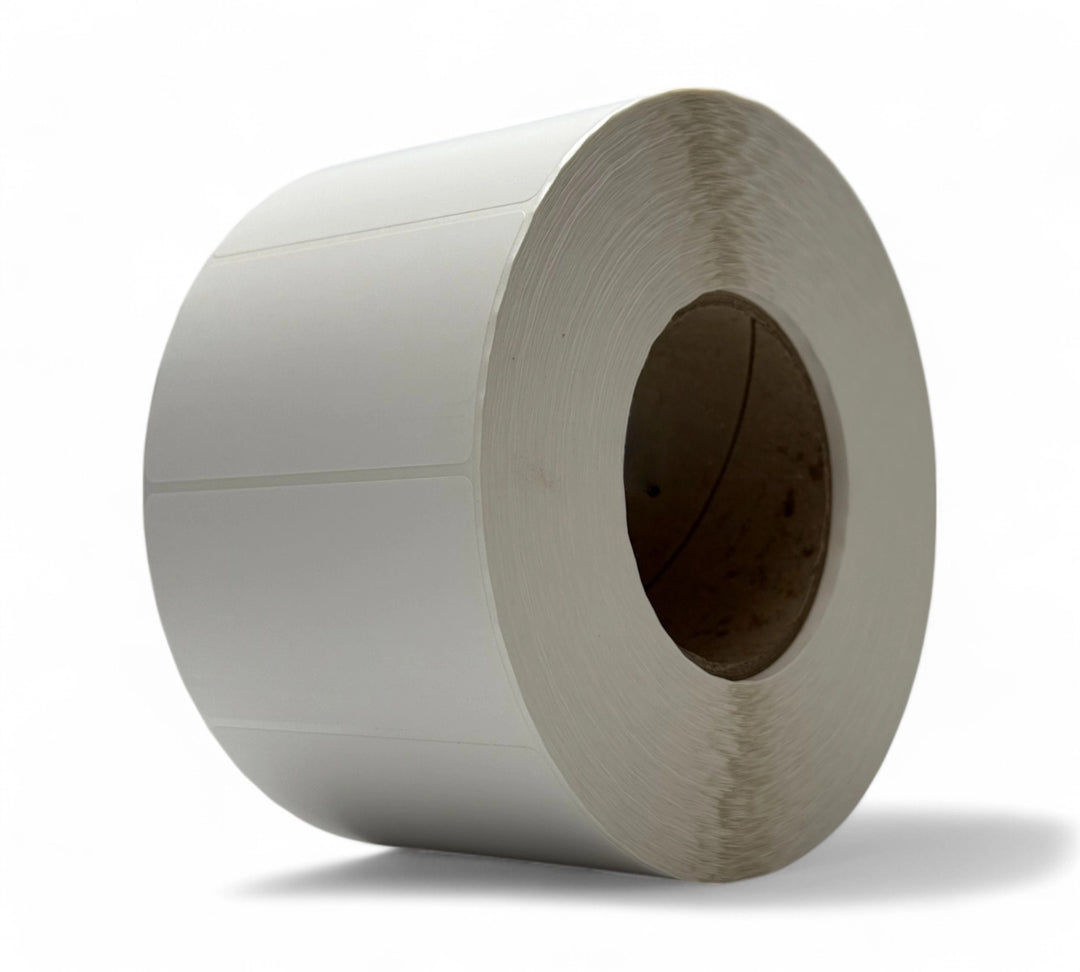 White 94 x 51mm thermal transfer label rolls displayed in bulk for clean barcode printing and product marking