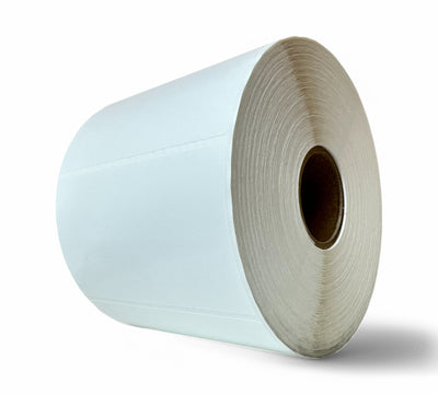 White 102 x 62mm thermal transfer synthetic labels in rolls with 38mm core for commercial use and moisture resistance