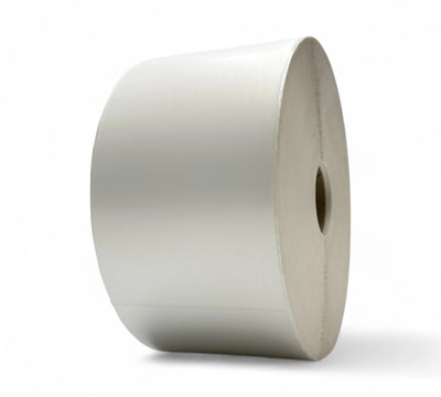 Wide-format 100 x 200mm white synthetic labels with 38mm core displayed in rolls for heavy-duty thermal printers