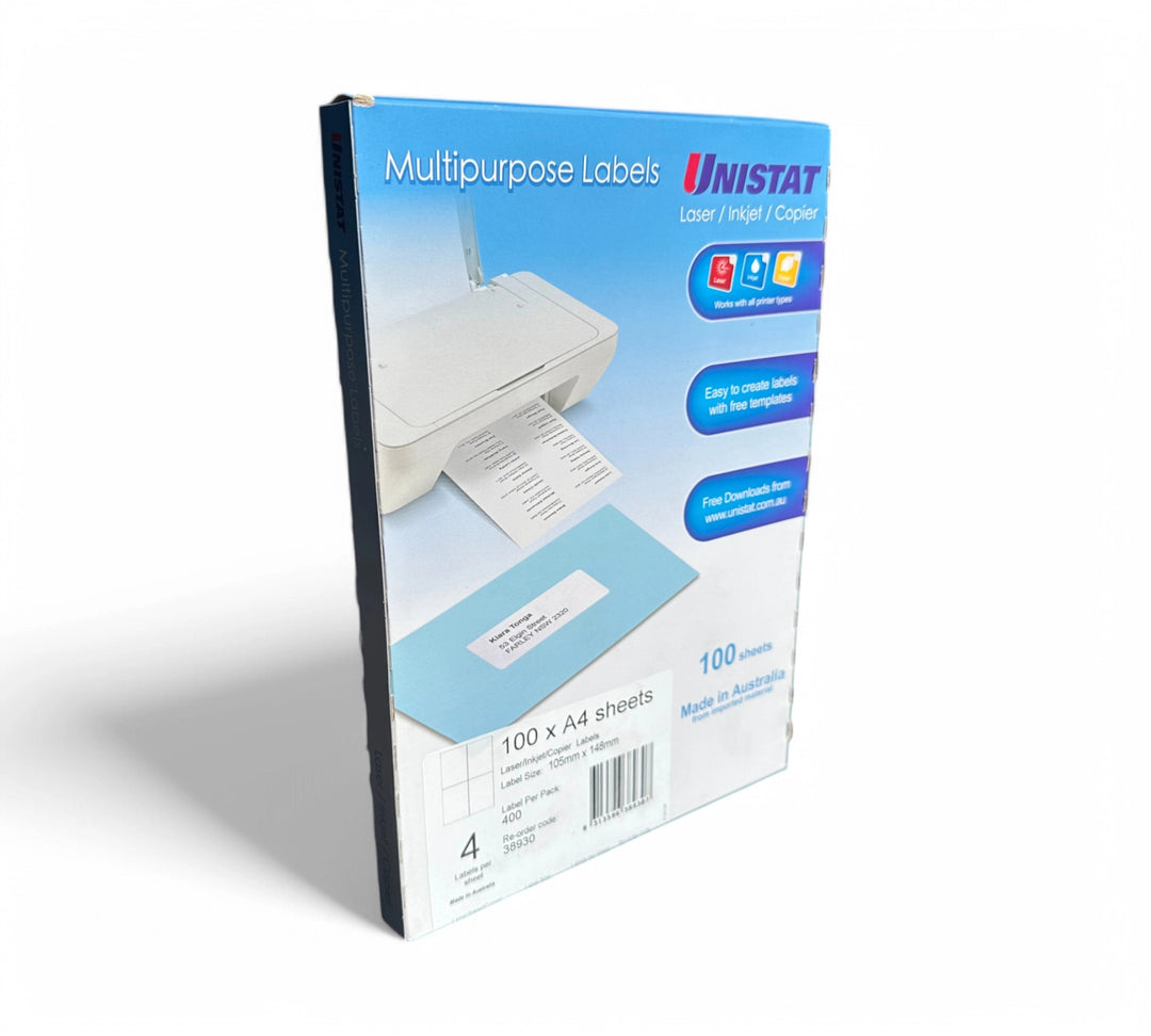 White Unistat labels 105mm x 148mm 4 per page shown on A4 sheets for laser or inkjet printing of product or shipping info