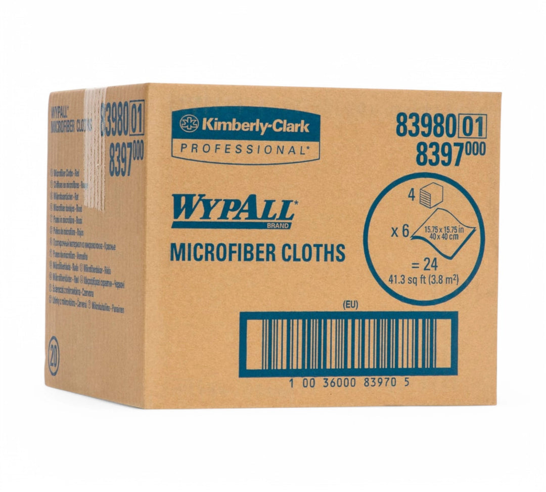 Wypall 83980 microfibre cloth red 40cm x 40cm displayed for reusable surface wiping in colour coded hygiene systems
