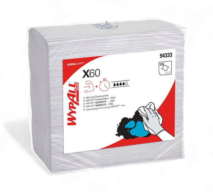 Wypall X60 pop-up poly wiper 94333 white 23cm x 42.5cm shown in dispenser bag for fast access and surface wiping