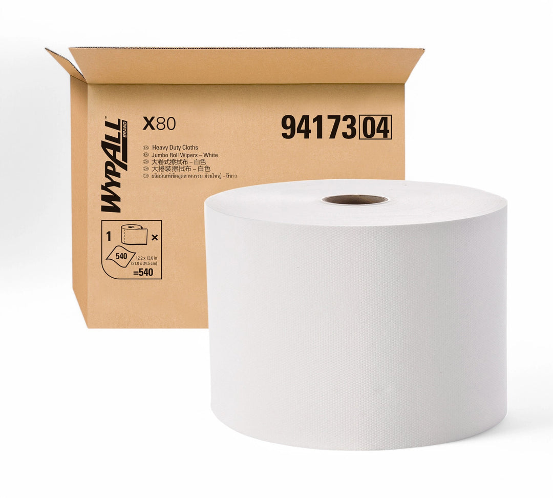 Wypall X80 jumbo roll 94173 31 x 34.5cm shown unrolled for superior wiping performance in demanding applications