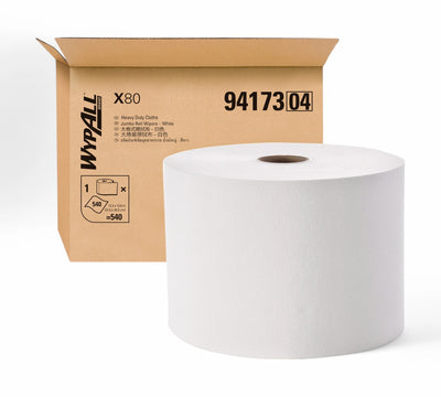 Wypall X80 jumbo roll 94173 31 x 34.5cm shown unrolled for superior wiping performance in demanding applications