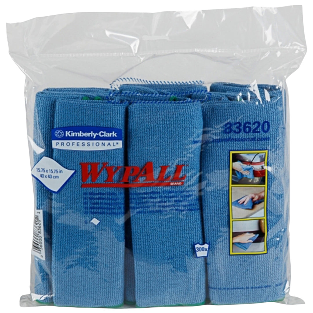 Wypall 83620 microfibre cloth blue 40cm x 40cm shown folded for reusable high performance cleaning across surfaces