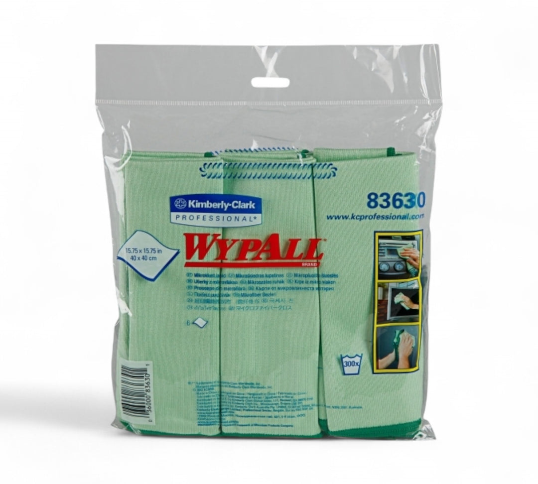 Wypall 83630 microfibre cloth green 40cm x 40cm displayed folded for colour-coded hygiene control in cleaning zones