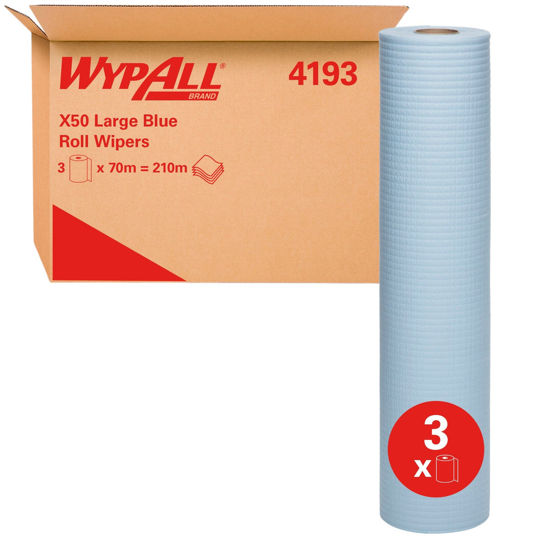 Wypall X50 blue wipers 4193 49cm x 70m displayed in roll format for general cleaning and surface wiping