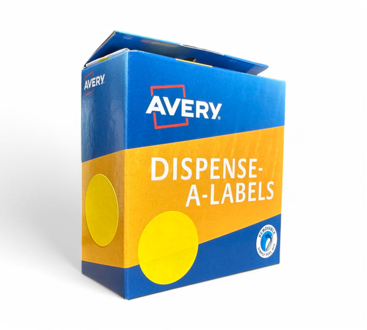 Avery dots yellow 24mm displayed in roll pack for category labelling and quality control indicators