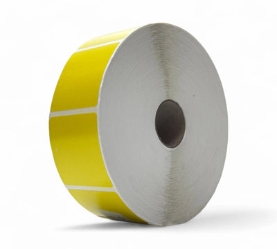 Bold yellow 60 x 60mm direct label rolls stacked for eye-catching product marking and inventory sorting