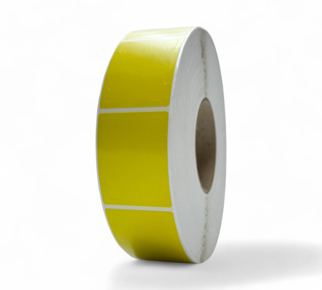 Yellow 49 x 62mm direct thermal labels with security cut and freezer-grade adhesive displayed in rolls with 76mm core