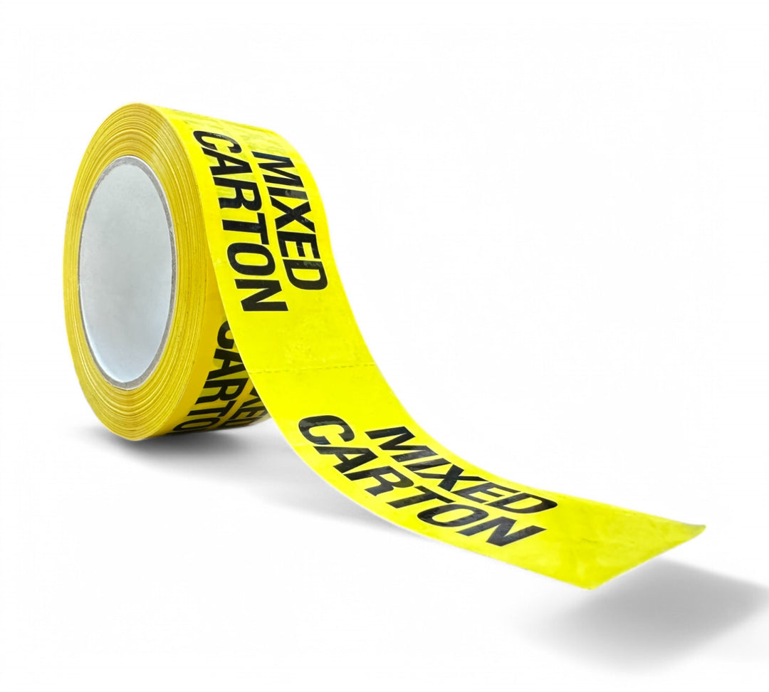 Roll of yellow Mixed Carton labels with bold black text, perforated for easy tear-off and clear carton identification