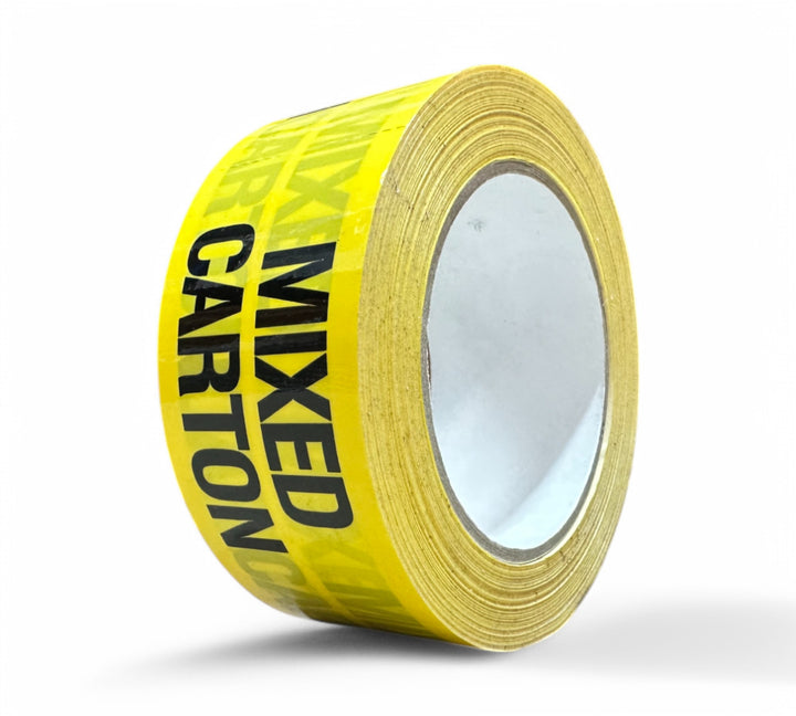 Mixed Carton 50mm x 50m Rip A Label rolls in black on yellow designed for quick identification of assorted goods,