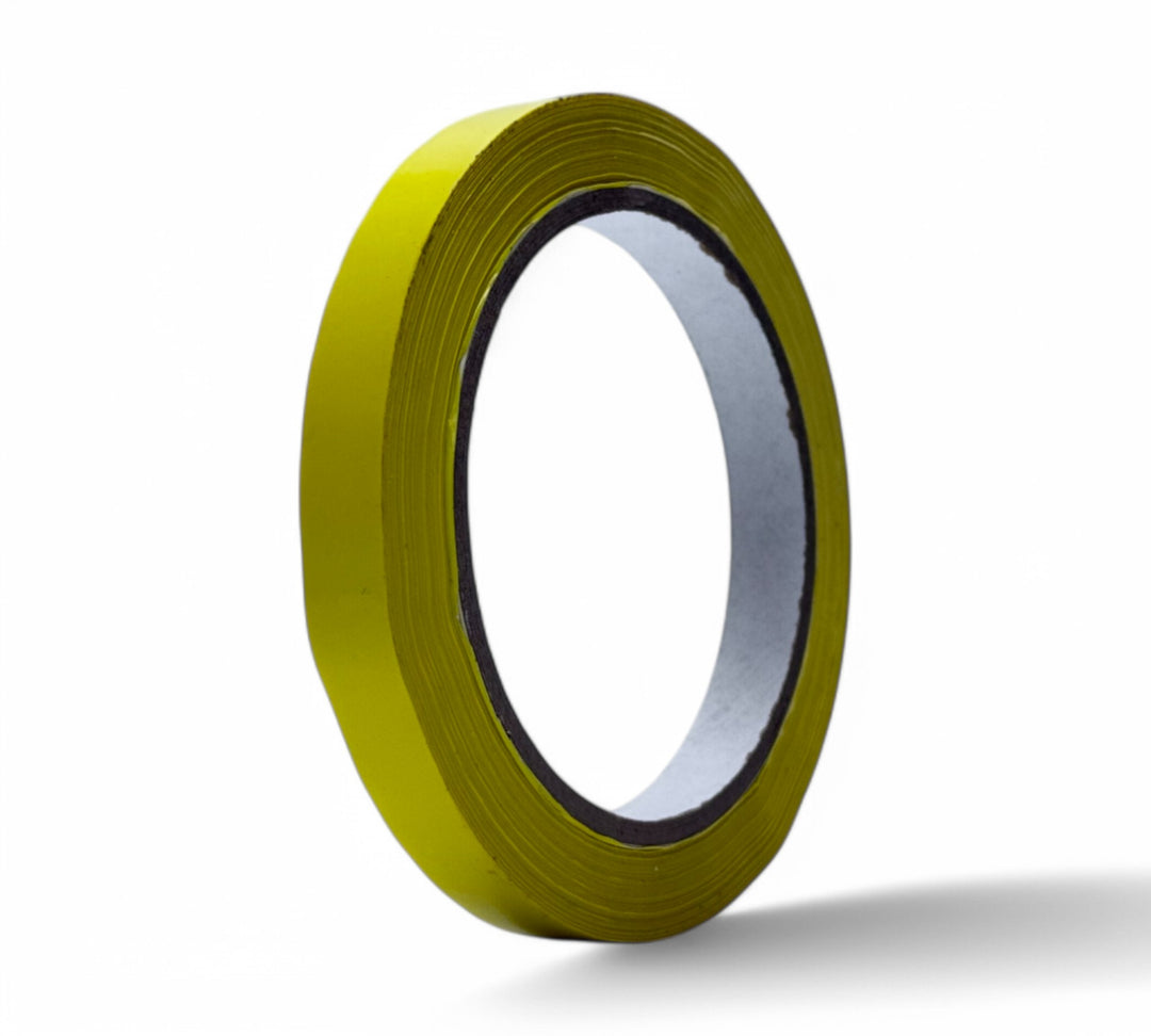 Yellow 12mm x 66m PVC tape rolls displayed for fine line marking, wire labelling, or colour coding
