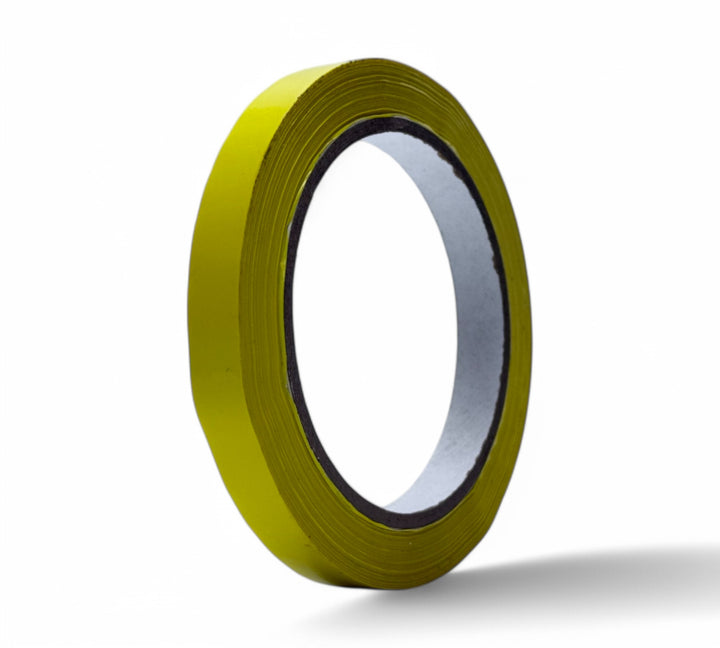 Yellow 12mm x 66m PVC tape rolls displayed for fine line marking, wire labelling, or colour coding