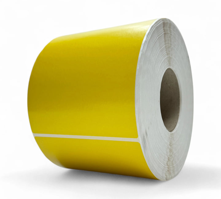 PMS803C yellow 150 x 200mm thermal transfer labels with matte finish shown in rolls for vibrant stock identification