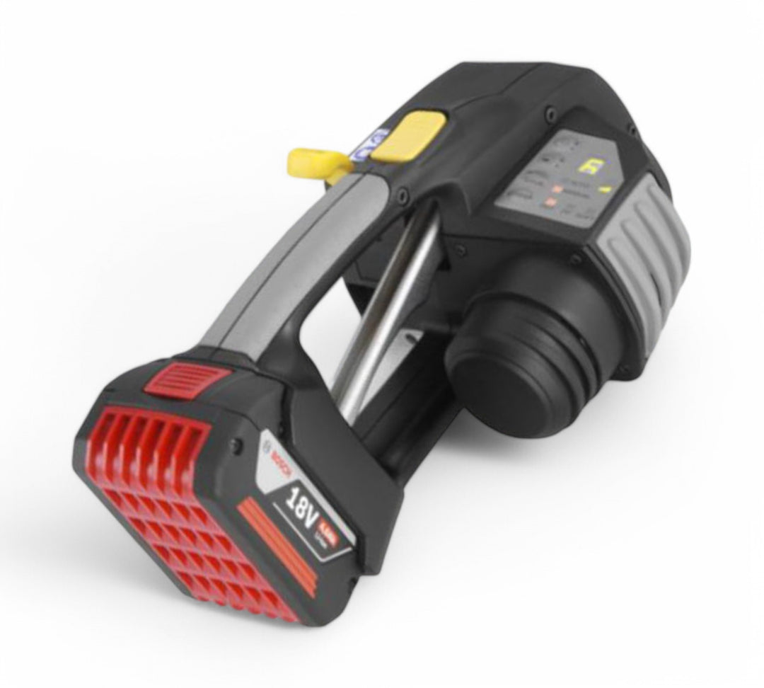 Zapack battery operated strapping tool shown handheld with digital control panel for tensioning and sealing PET or PP strap